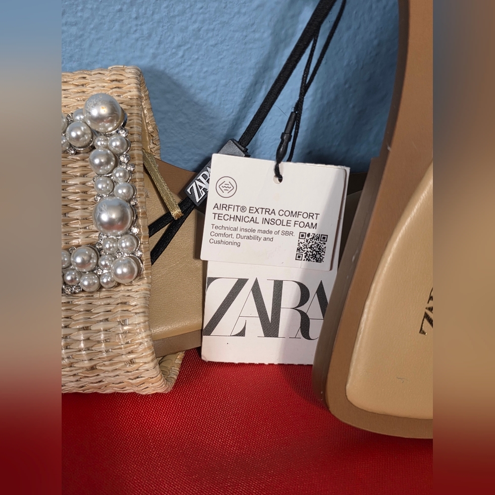 Zara Tan Woven Slide Sandals with Pearl & Crystal Buckle - Picture 5 of 6